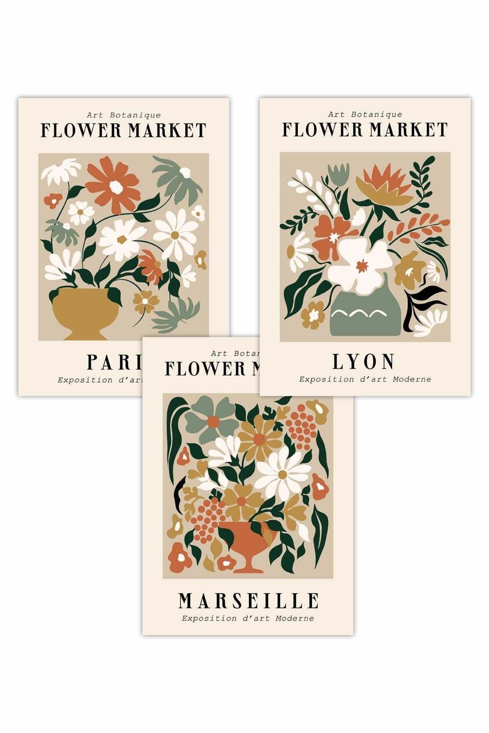 Set of 3 Flower Market Paris Exhibition in Neutral Colours Art Posters